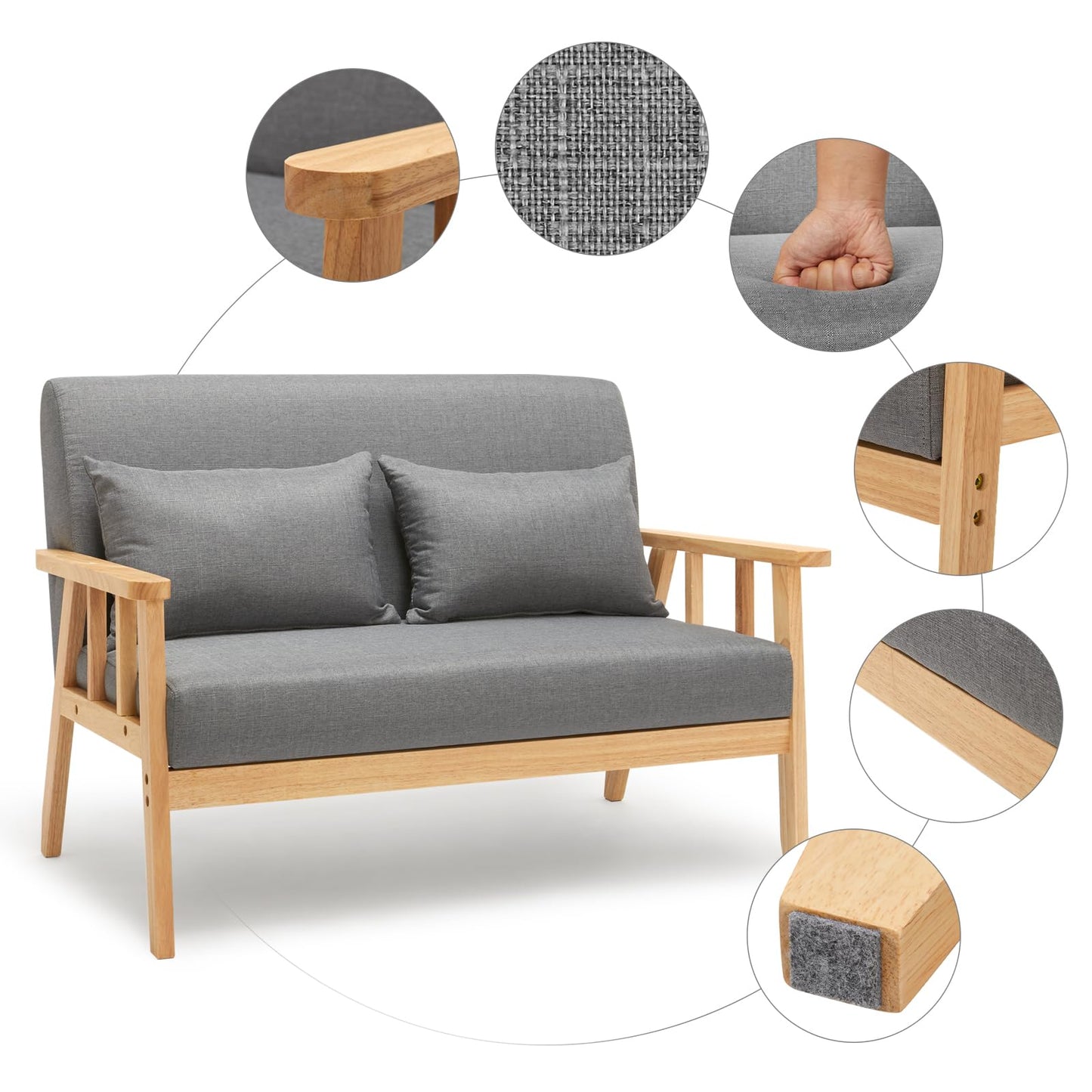 „Mondeer 2-Sitzer Sofa Dunkelgrau – Leinen, Massivholzrahmen, mit Kissen“