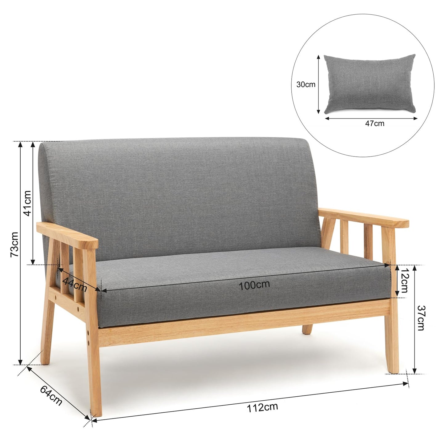 „Mondeer 2-Sitzer Sofa Dunkelgrau – Leinen, Massivholzrahmen, mit Kissen“