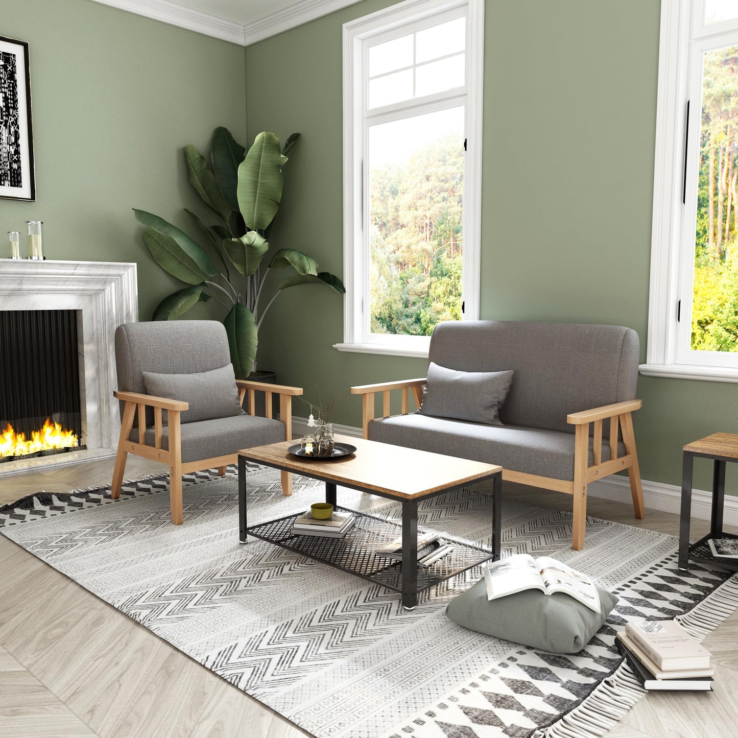 „Mondeer 2-Sitzer Sofa Dunkelgrau – Leinen, Massivholzrahmen, mit Kissen“
