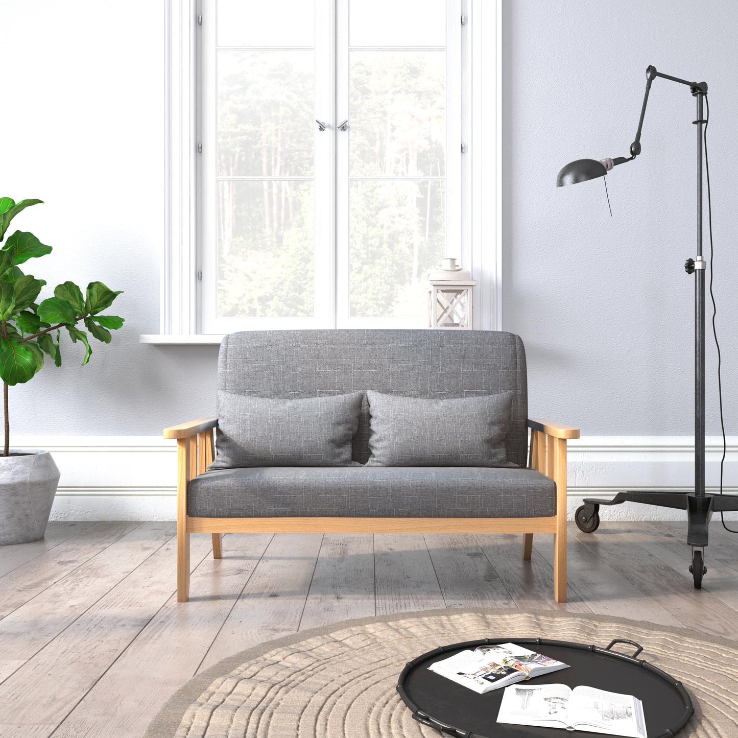 „Mondeer 2-Sitzer Sofa Dunkelgrau – Leinen, Massivholzrahmen, mit Kissen“
